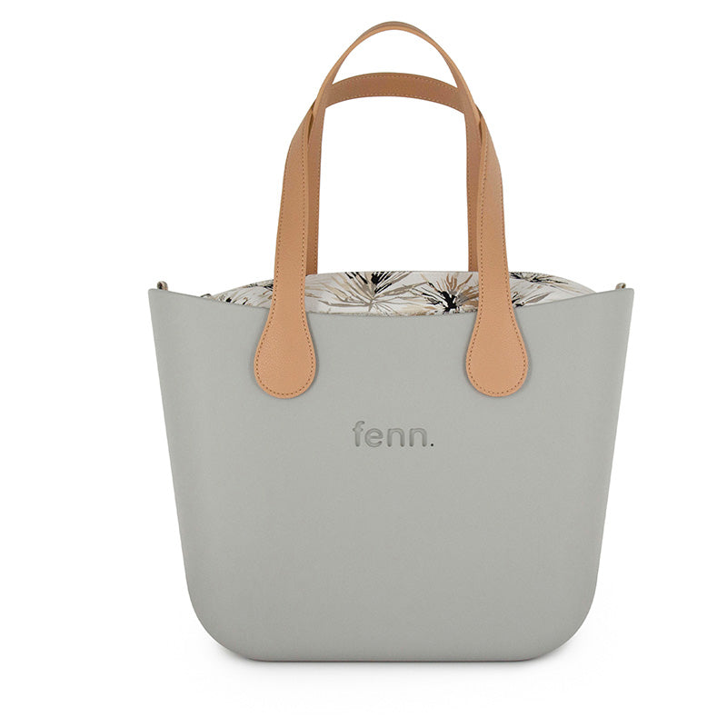 Fenn Original Collection – Grey – Pattern Inner – Silver Zip – Light Tan Flat Handle