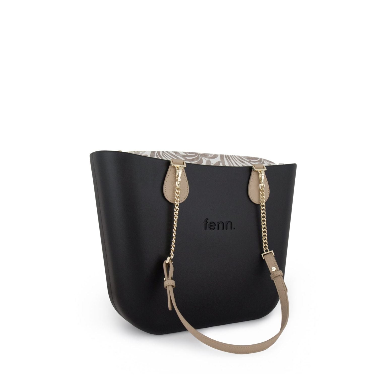 Fenn Original Collection – Black – Pattern Inner – Gold Zip – Light Stone/ Gold Chain Handle