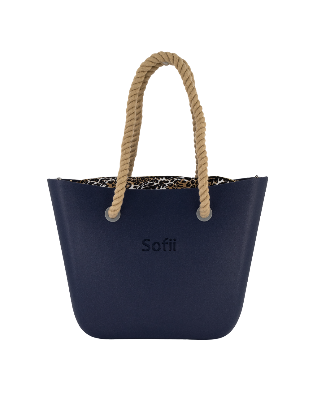 Sofii Designer Tote Handbag Navy Leopard Beige Rope