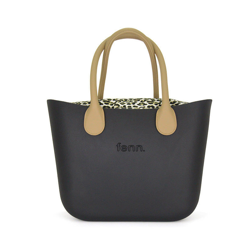 Fenn Original Collection – Black – Pattern Inner – Gold Zip – Light Tan Round Handle