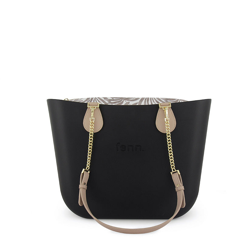 Fenn Original Collection – Black – Pattern Inner – Gold Zip – Light Stone/ Gold Chain Handle