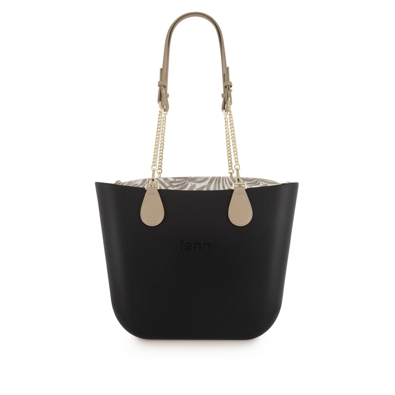 Fenn Original Collection – Black – Pattern Inner – Gold Zip – Light Stone/ Gold Chain Handle