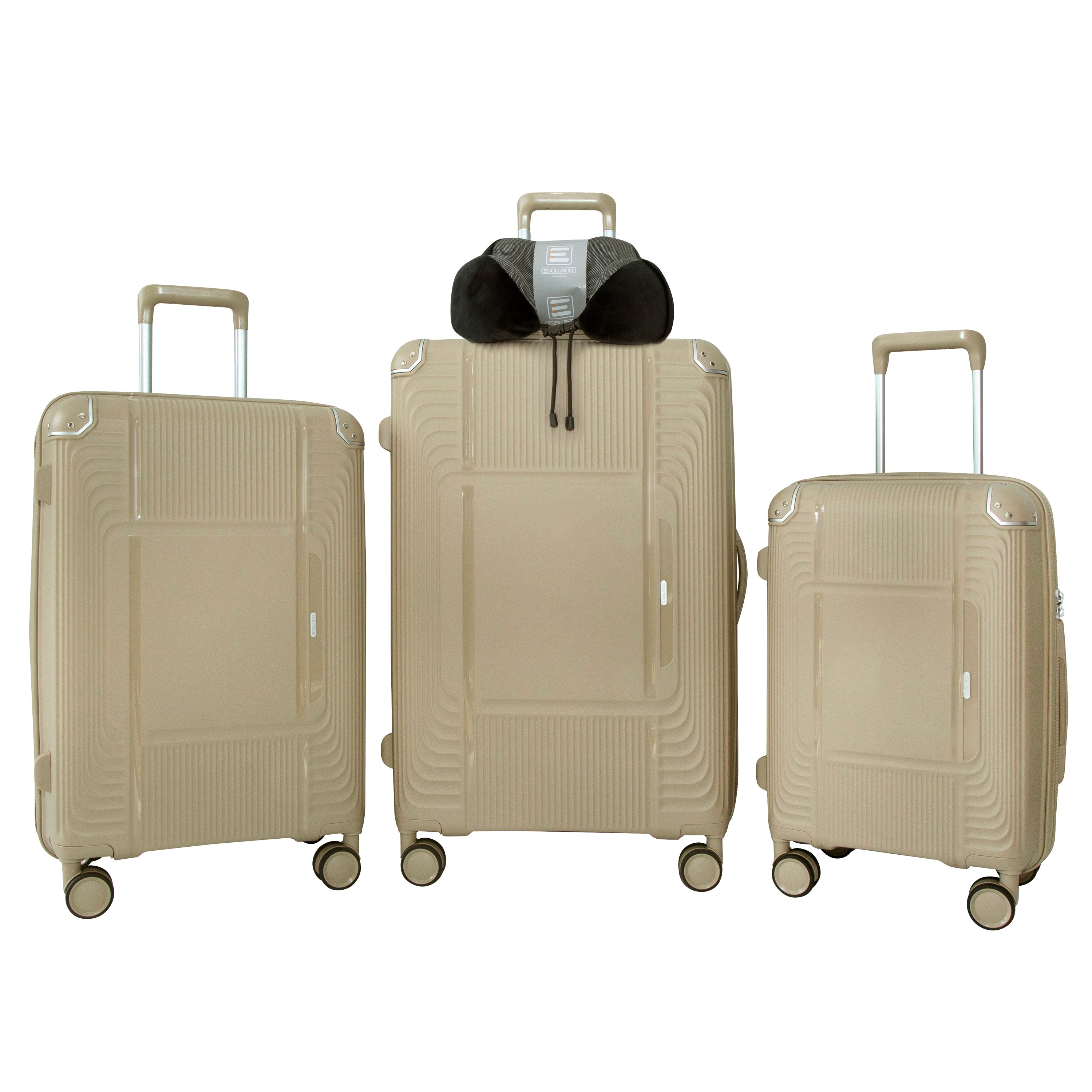 EVOLUTION SAINT LUCIA 3PC SPINNER LUGGAGE SET + MEMORY FOAM PILLOW