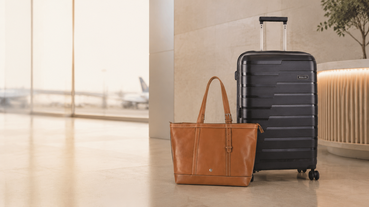 Cellini Microlite black trolley and Jekyll & Hide Montana tan shopper in a premium airport lounge