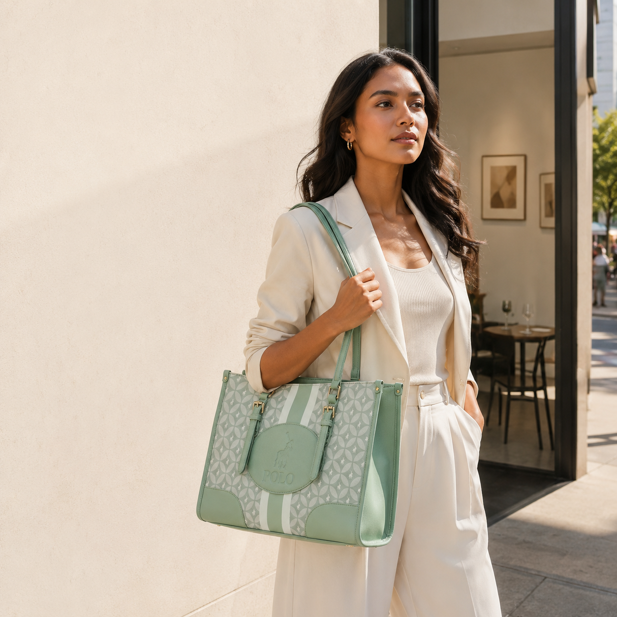 Woman carrying the Polo Porter Tote in Matcha