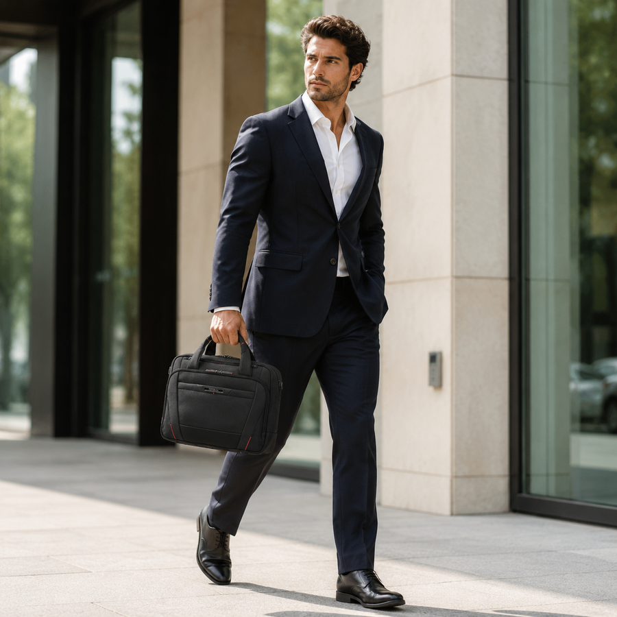 Businessman carrying the Samsonite Pro-Dlx 5 Laptop Bailhandle 14.1 in black