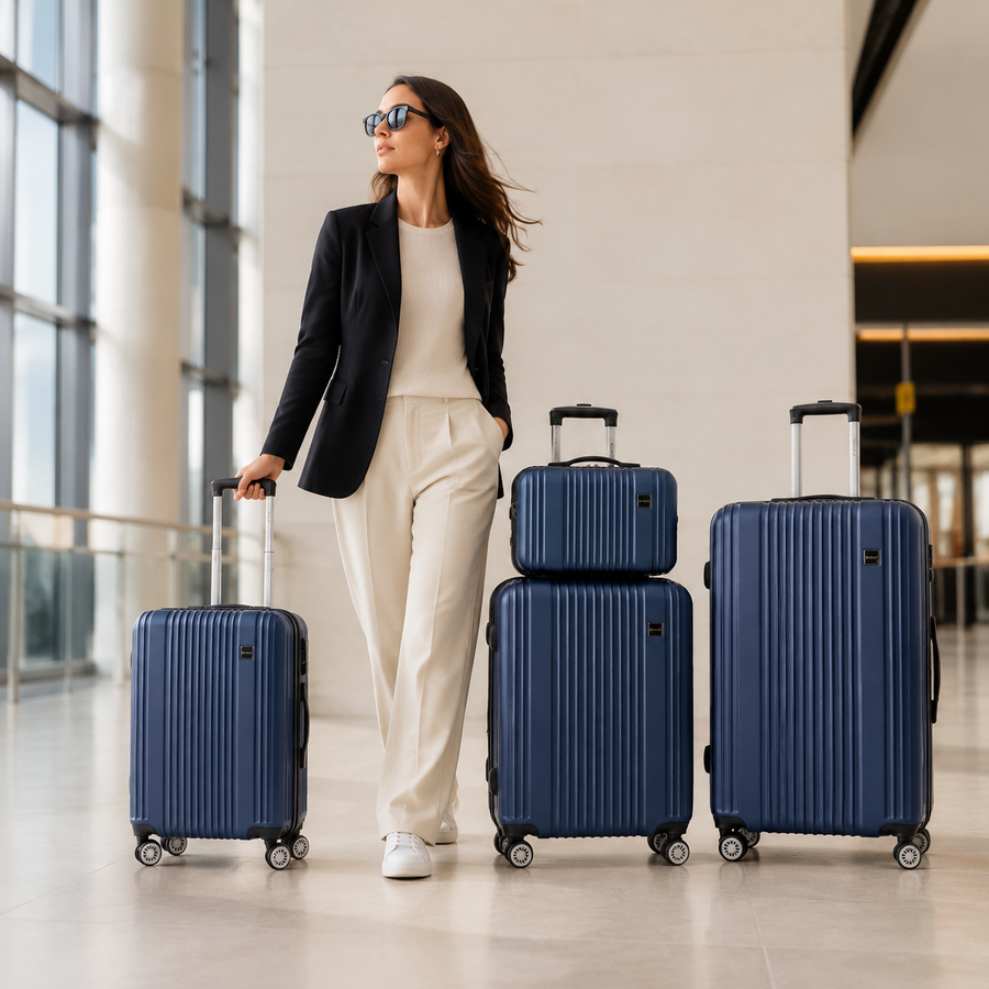 Woman travelling with the So-Fly Target 4 Piece Spinner Luggage Set in navy