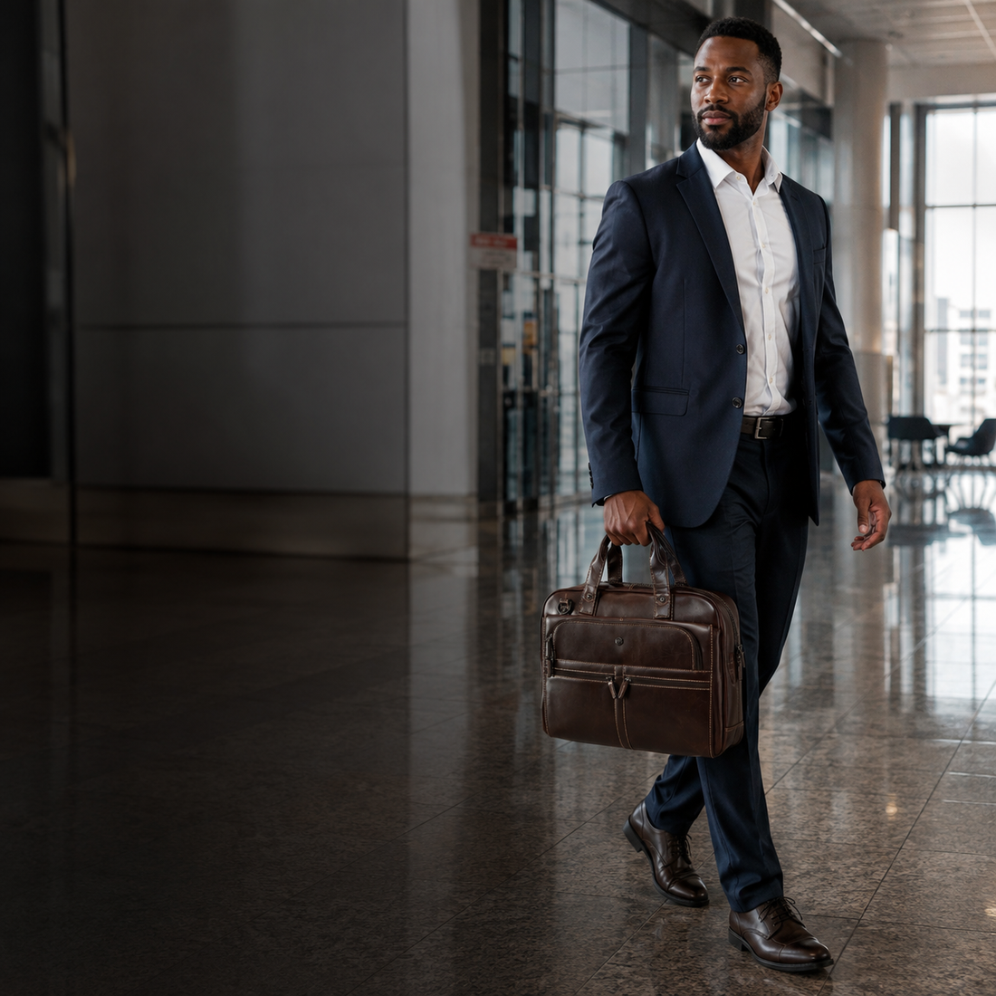 Business traveller carrying the Jekyll and Hide Large Multi Compartment Briefcase in tobacco