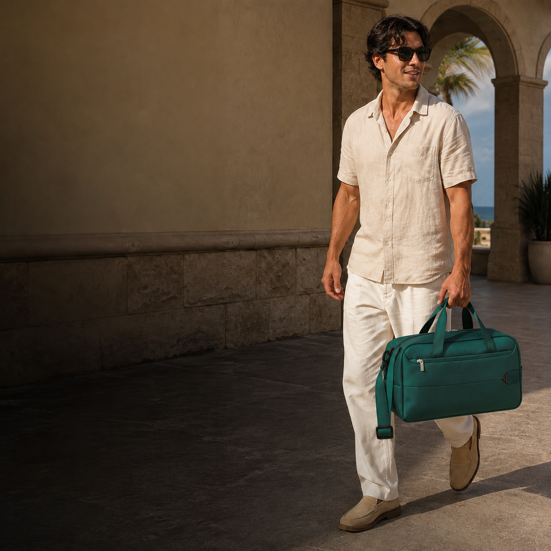 Weekend traveller carrying the Samsonite Urbify Duffle Bag S in dark green